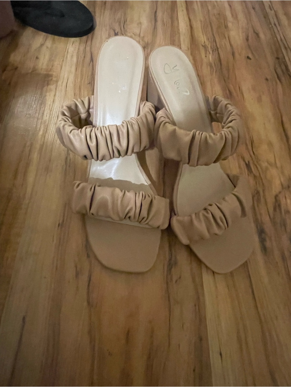 Ruched Double-Strap Tan Slide Sandals